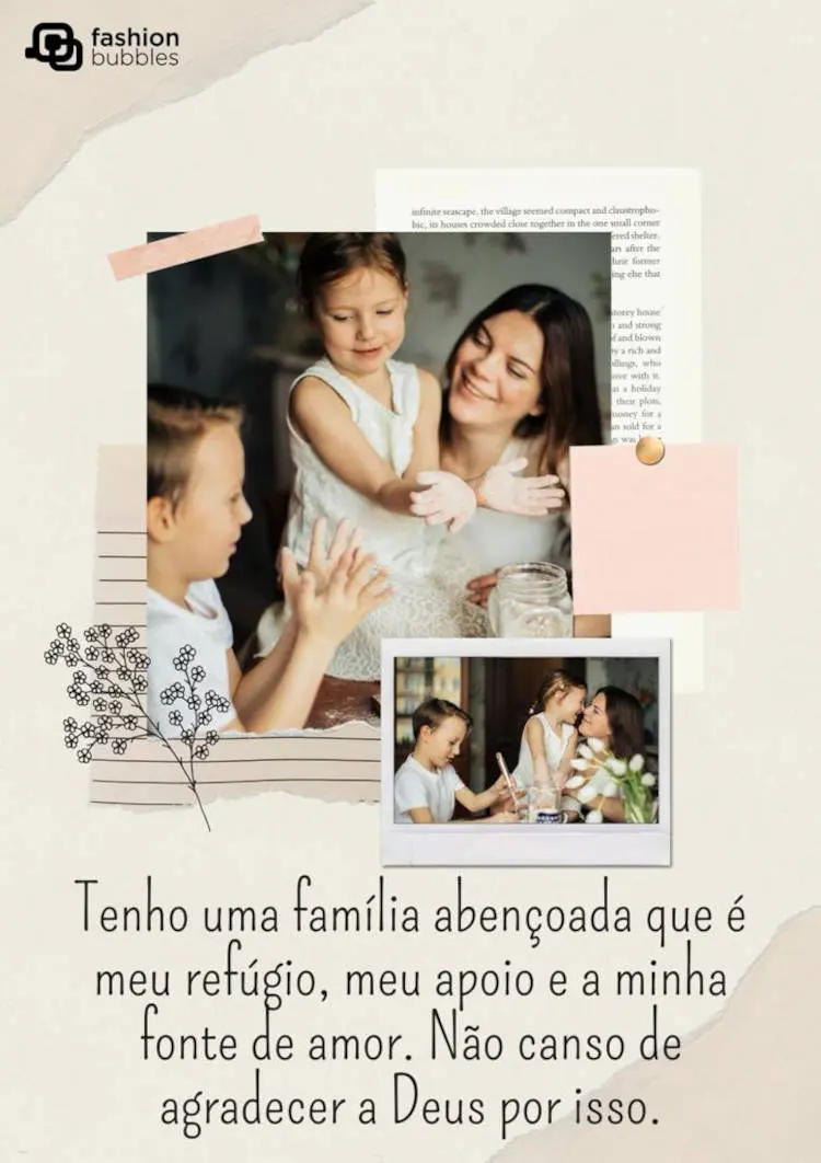 Frase de famíia abençoada por Deus com imagem de mãe com os filhos Gratidão a Deus