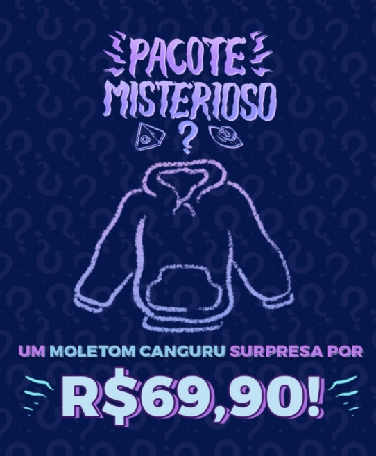 Cartaz do pacote misterioso, com fundo azul, desenho de moletom e informações da promoção