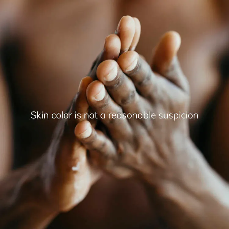 Foto de duas mãos de pele negra e frase "Skin color is not a reasonable suspicion"