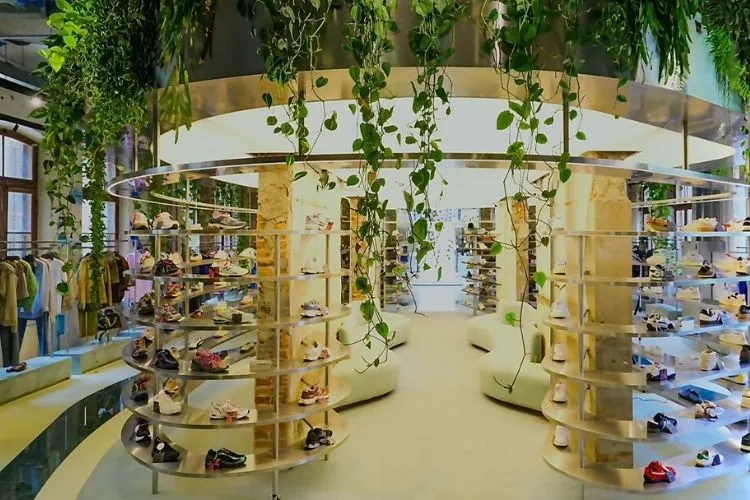 Sapatos expostos em estantes cheias de plantas na loja Mata Lab