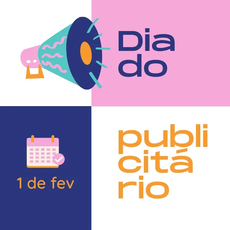 Montagem em quadrados brancos, rosa e roxo, com magafone, calendário e frases "1 de fev" e "dia do publicitário"