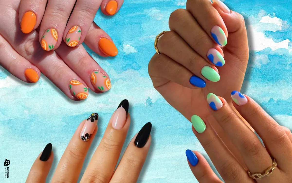 Montagem com 4 mãos e unhas decoradas almond