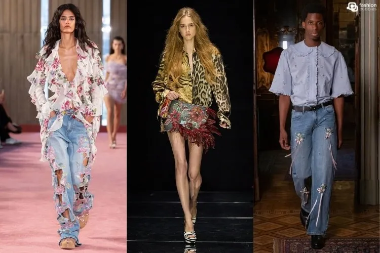 Modelos na passarela usando jeans com aplicações, uma das tendências da Semana de Moda de Milão Primavera Verão 2027