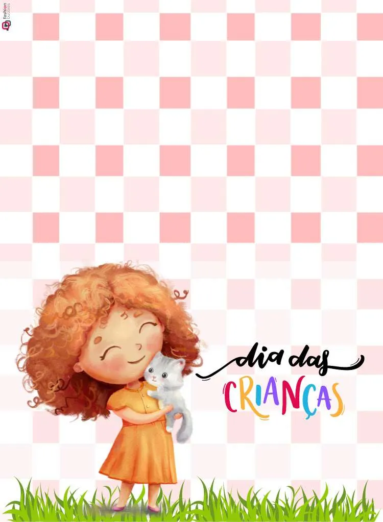 Cartão de Dia das Crianças com menina ruiva e gato frente e verso