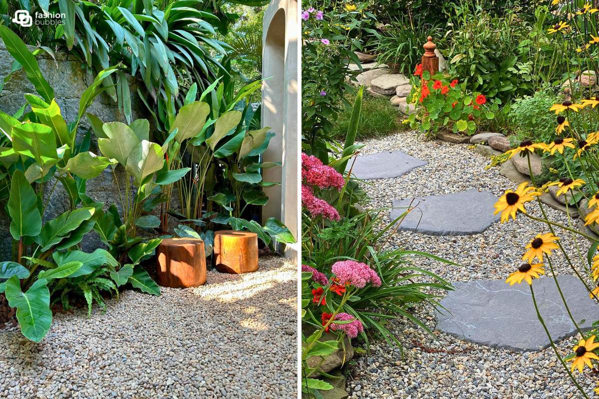 Duas fotos de jardim com pedras decorando