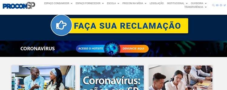 captura de tela do site do PROCON.SP, em azul e amarelo, além de informações sobre o coronavírus 