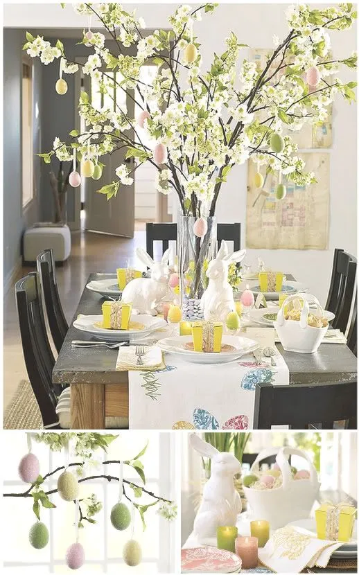 Mesa posta com coelhos e árvore com ovos coloridos.