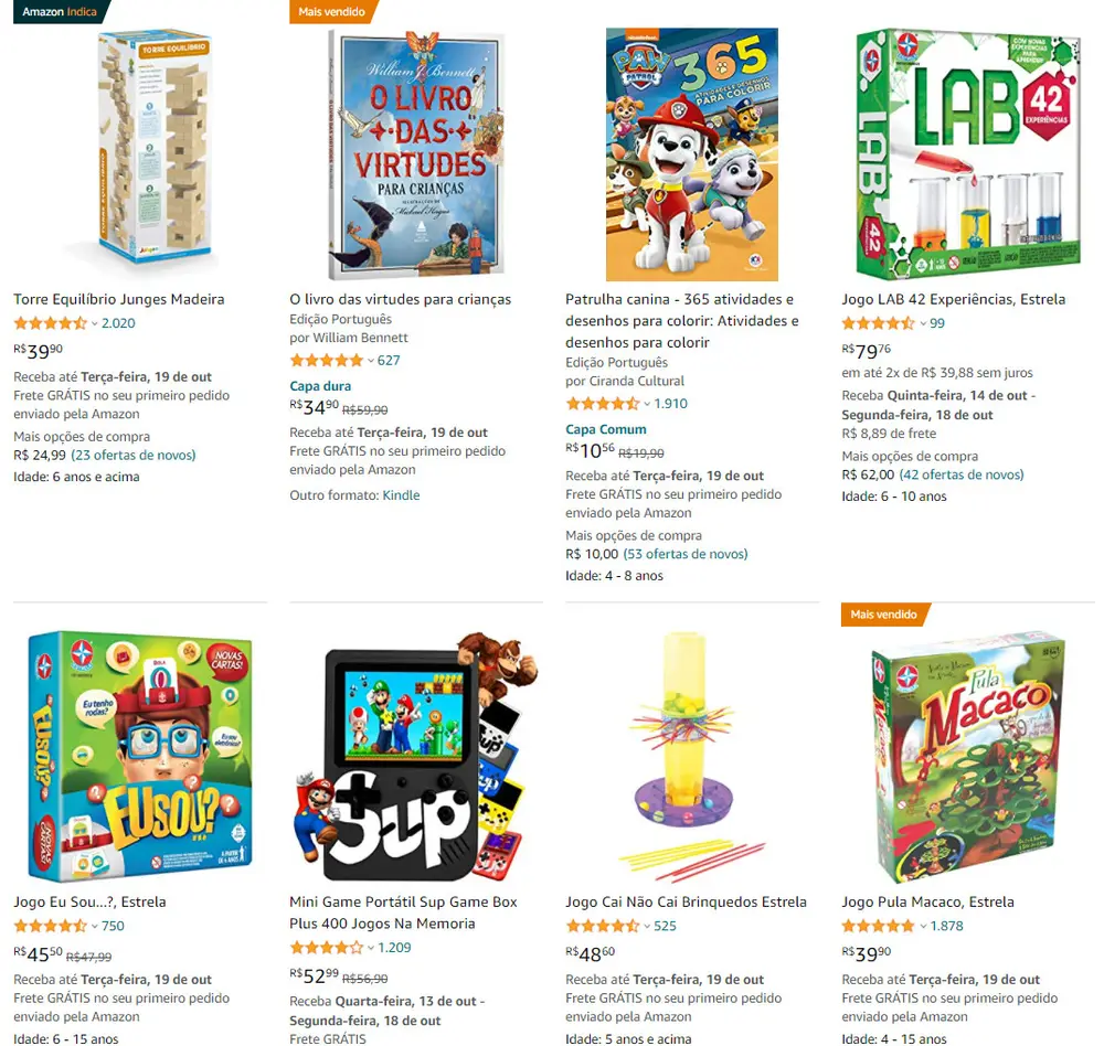 Print de tela da Amazon com opções de brinquedos