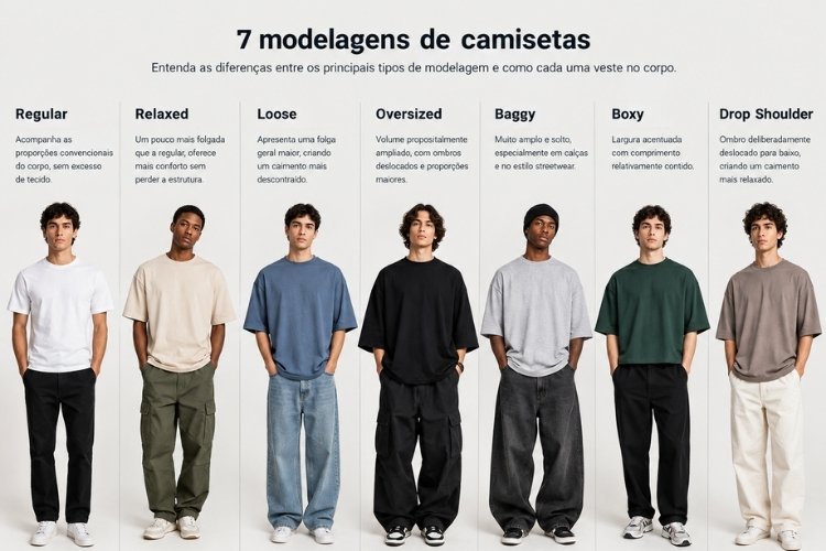 7 modelos de camiseta: regular, relaxed, oversized, baggy, boxy e drop shoulder