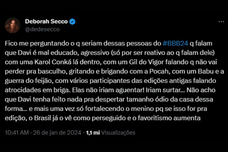 Desabafo no X de Deborah Secco