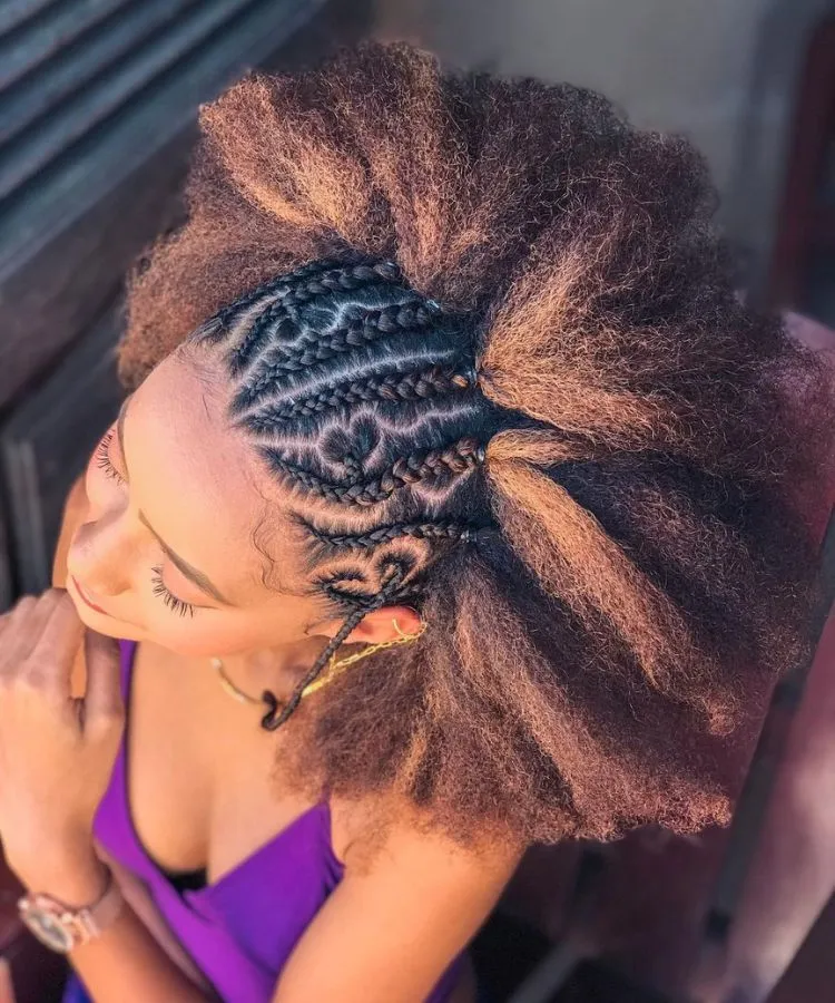 Trança nagô até o meio da cabeça, desenho coração em cabelo crespo