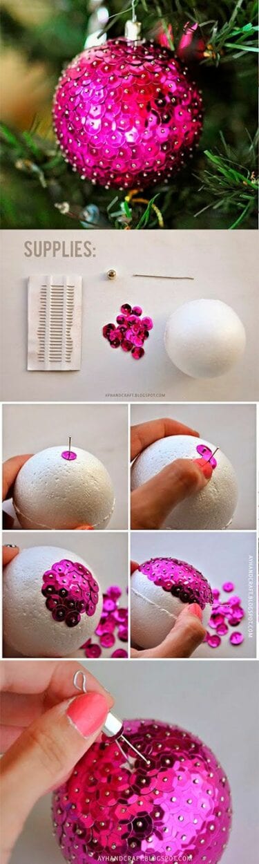 Bola de árvore de Natal com lantejoula rosa e passo a passo