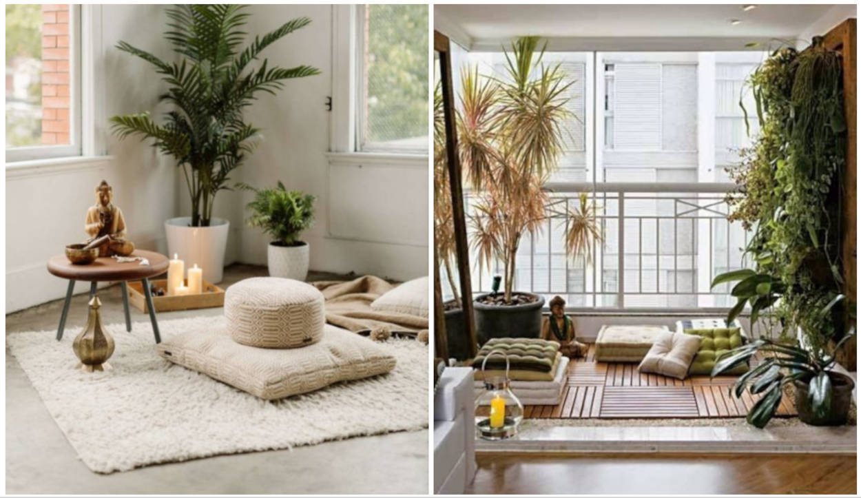 Espaço zen na sala e na varanda, com almofadas e plantas.