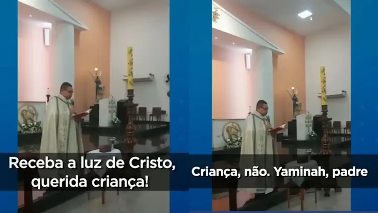 Padre se recusa a dizer nome, Yaminah durante cerimônia de batismo.