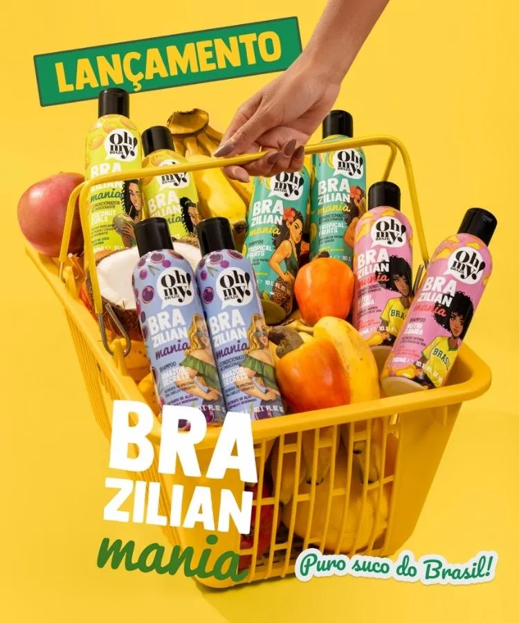 Foto de cesta com frutas e produtos da linha Oh My Brazilian Mania para os cabelos