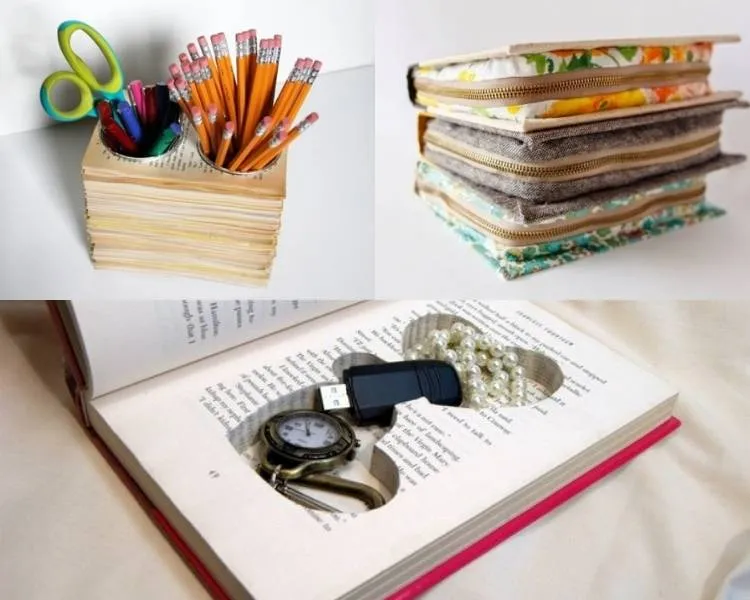 Upcycling: porta-lápis, bolsas e porta-joias feitos com livros velhos Foto upcycling: livros transformados em objetos de decoração.