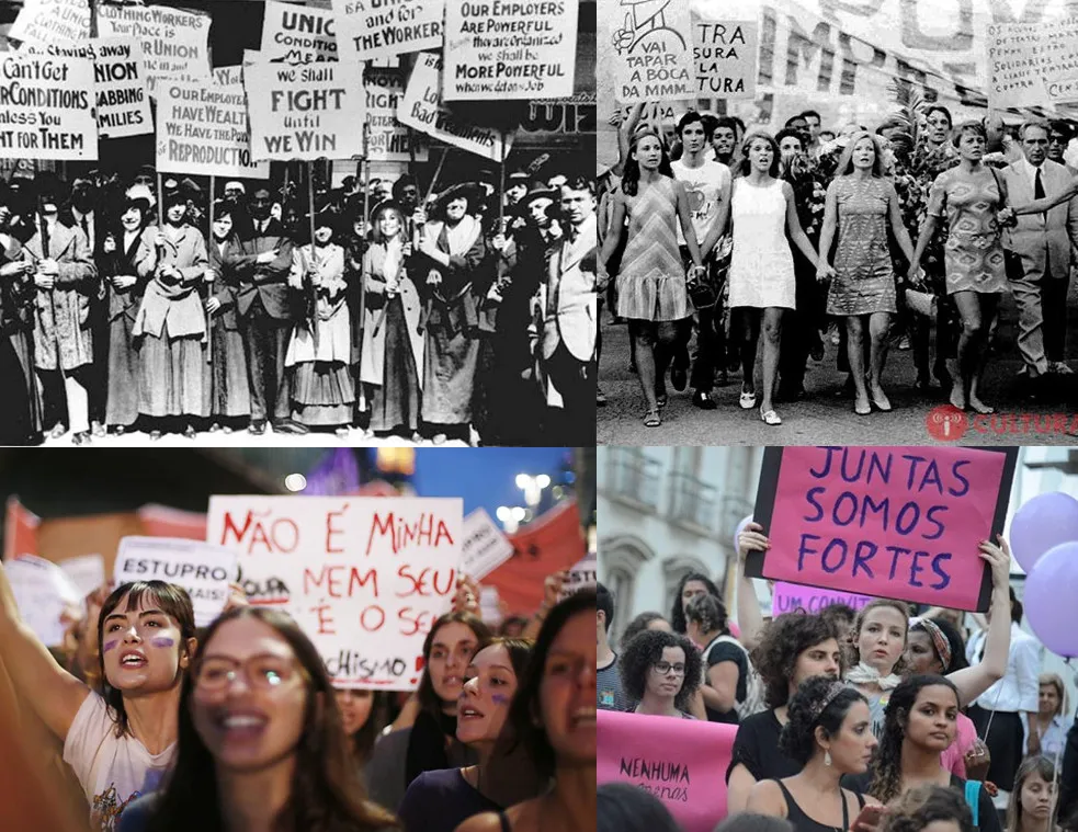 Montagem com fotos de protestos femininos