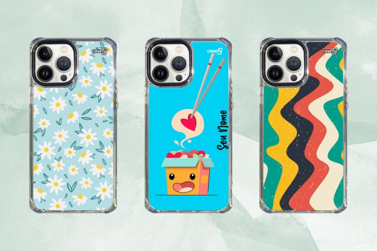 Fundo de aquarela verde com foto de três capinhas de celular da Casefy, ótimas opções de presente de Dia das Mães