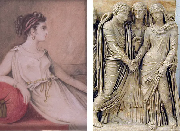 Os vestidos das noivas gregas e romanas, respectivamente.
