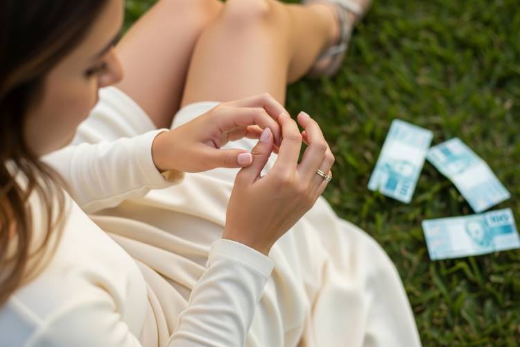A mulher sentada na grama, usando um anel de casamento e um vestido branco, admira suas mãos enquanto três notas de 100 reais estão espalhadas ao lado.