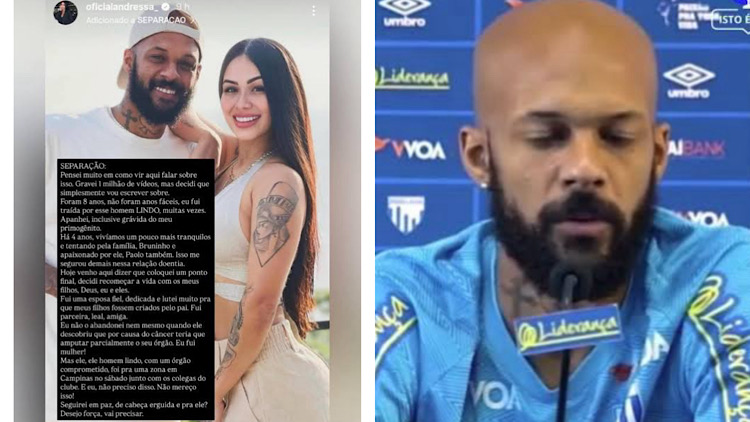 Andressa Marinho, expôs ciclo de traições e violência durante casamento de 8 anos com o jogador, Bruno Silva.