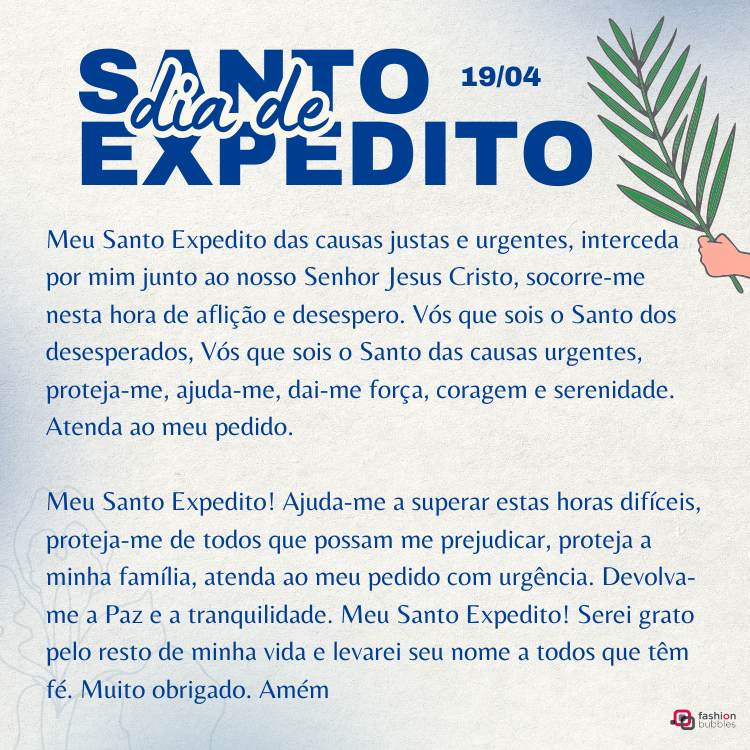 Oração a Santo Expedido em fundo azul com ilustração de mão segurando um ramo