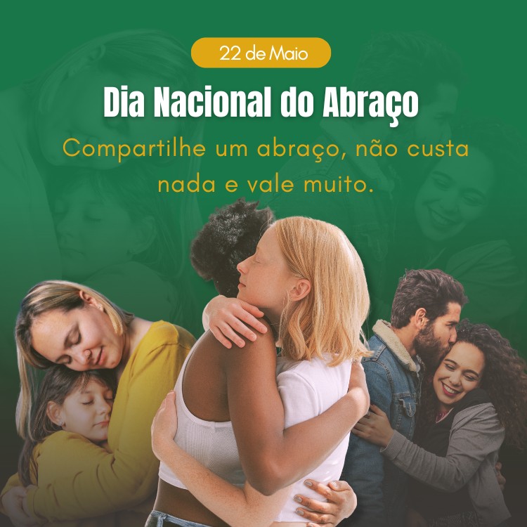Fotos de pessoas se abraçando e frase: Compartilhe um abraço, não custa nada e vale muito.