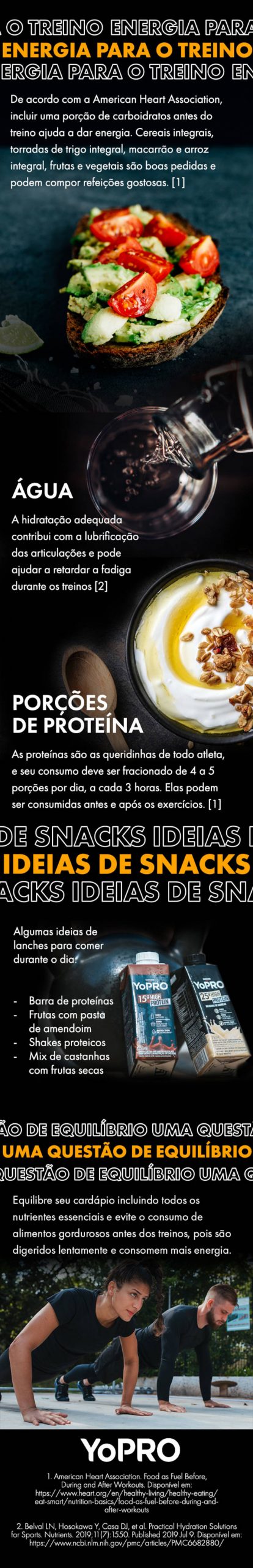 Infográfico com dicas de alimentação. O que comer antes e depois do treino.