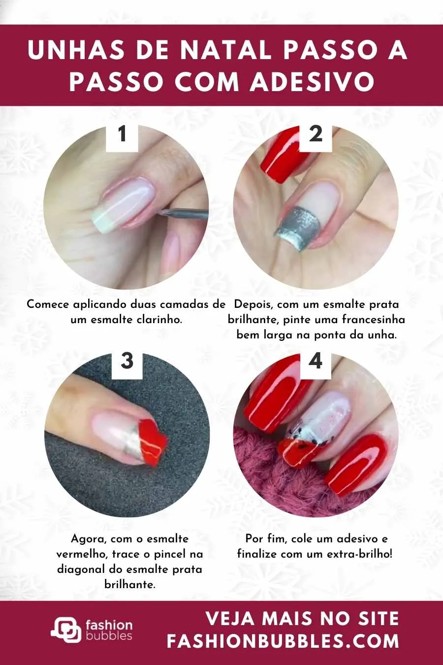 Fotos com passo a passo para fazer unha de Natal com adesivo: decoração vermelho, prata e com adesivo.