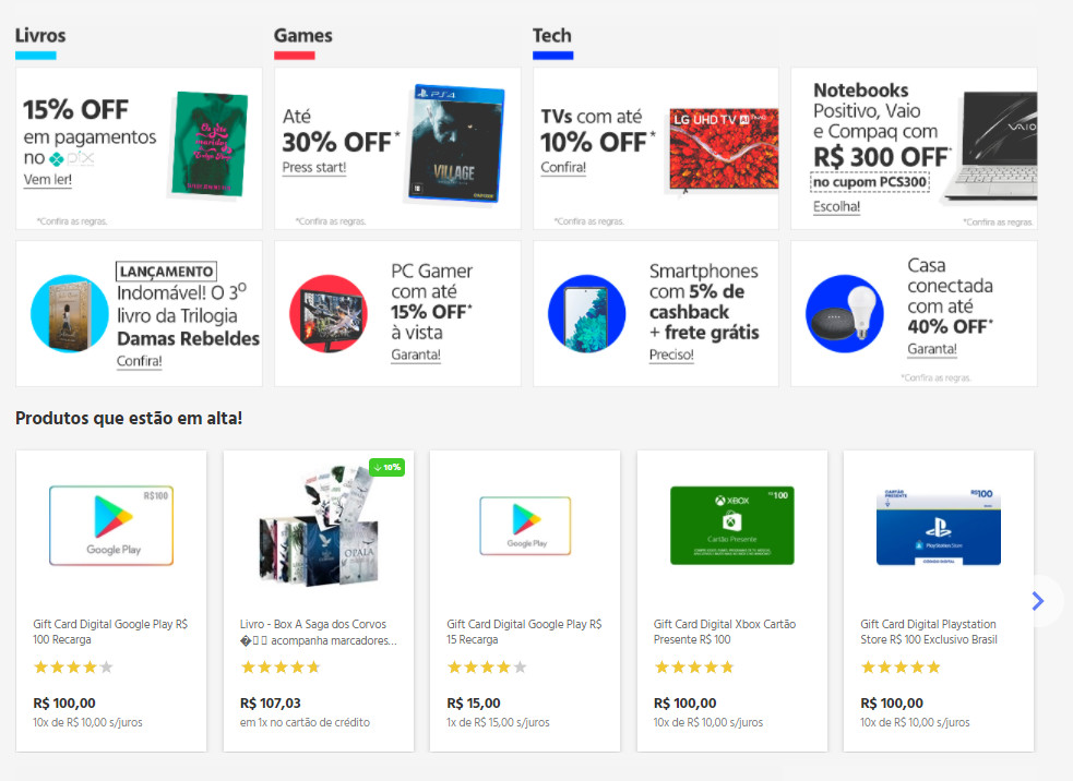 Print de página da Submarino com promoções 