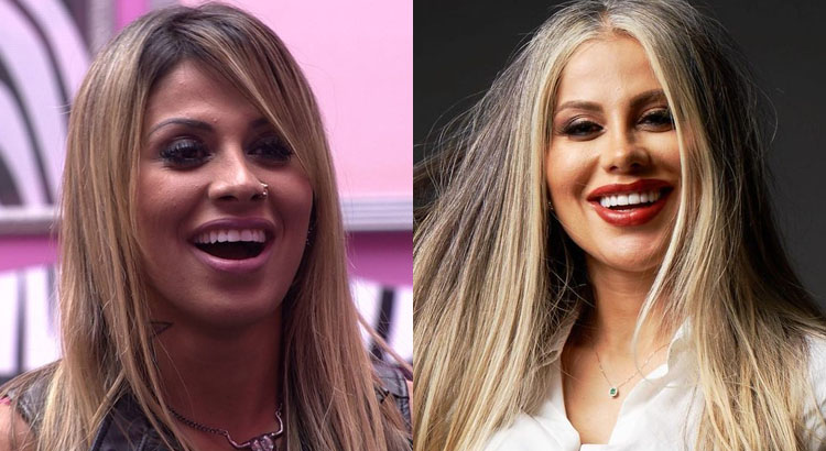 Montagem com duas fotos de  Vanessa Mesquita, uma na época do BBB e outra atualmente 