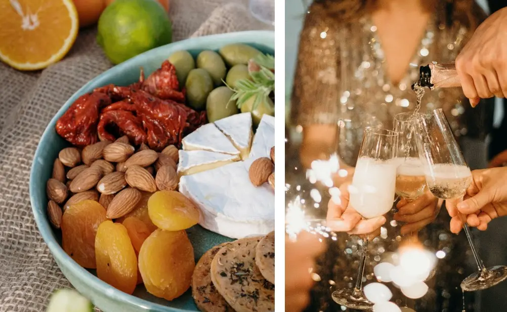 Foto com um prato com queijo, damascos, azeitonas, tomate seco e torradas, segunda foto pessoas brindando com espumante.