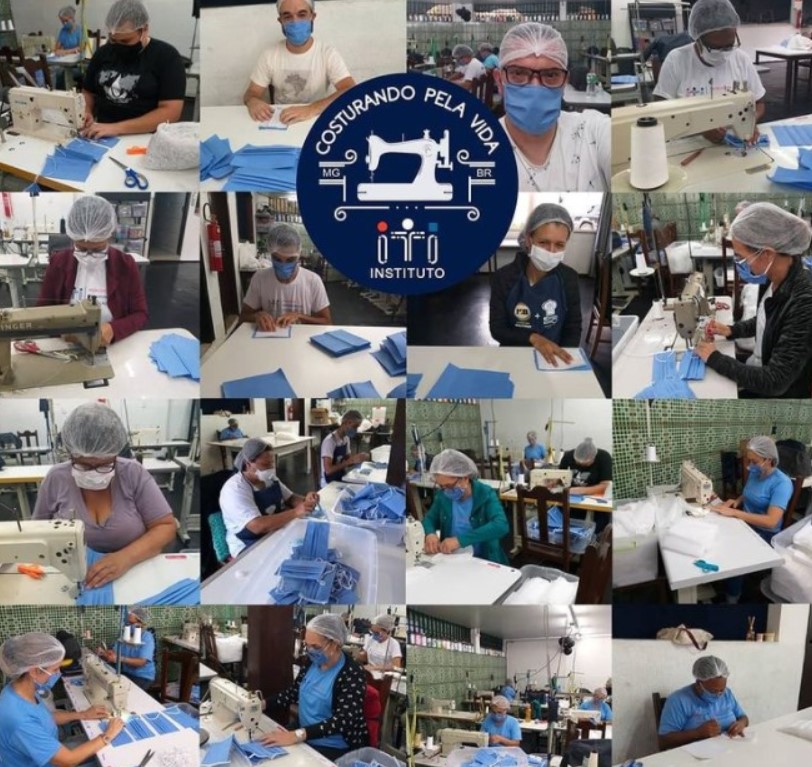 Montagem com várias fotos de pessoas produzindo máscaras sanitárias no Instituto ITI