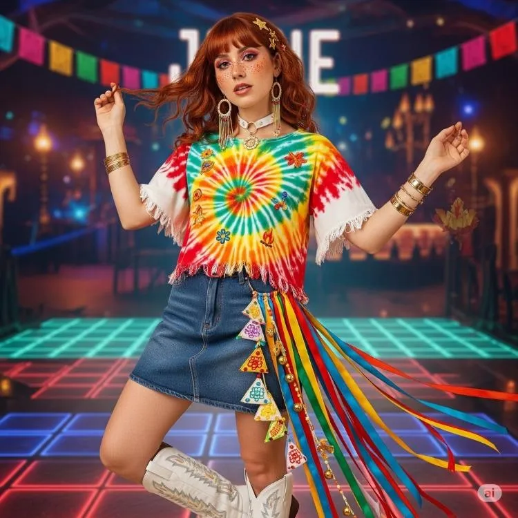 Uma jovem com cabelos ruivos e franja exibe um dos looks de festa junina 2025 com uma vibe moderna e colorida. Ela veste uma camiseta tie-dye vibrante, uma minissaia jeans com aplicações de fitas e triângulos estampados, e botas brancas de estilo country. A jovem usa acessórios como brincos de argola, pulseiras douradas e uma tiara brilhante. O fundo apresenta luzes neon e bandeirolas festivas, criando uma atmosfera de celebração junina no Brasil.

