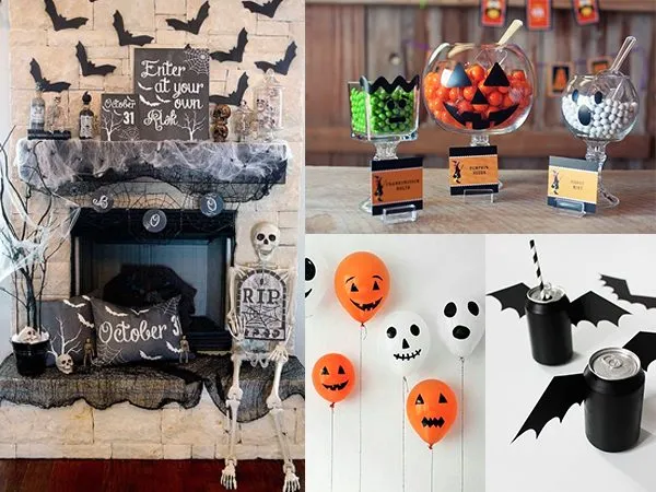 Montagem com 4 ideias de decoração de Halloween: Lareira com teias, caveira e morcego/ Potes de doces com desenho de monstro, abóbora e fantasma/ balões com cara de abóbora, monstros e fantasmas/ latas de refrigerante pretas com asas de morcego