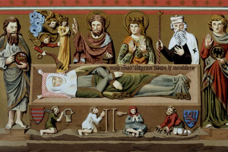 A imagem é uma representação medieval de Santa Isabel da Hungria em seu leito de morte. Ao redor, figuras religiosas, incluindo santos e anjos, expressam reverência. Detalhes como coroas e vestes ricamente adornadas destacam sua importância. A cena inclui elementos simbólicos, como crianças em oração e escudos heráldicos, refletindo sua vida de santidade e serviço.


