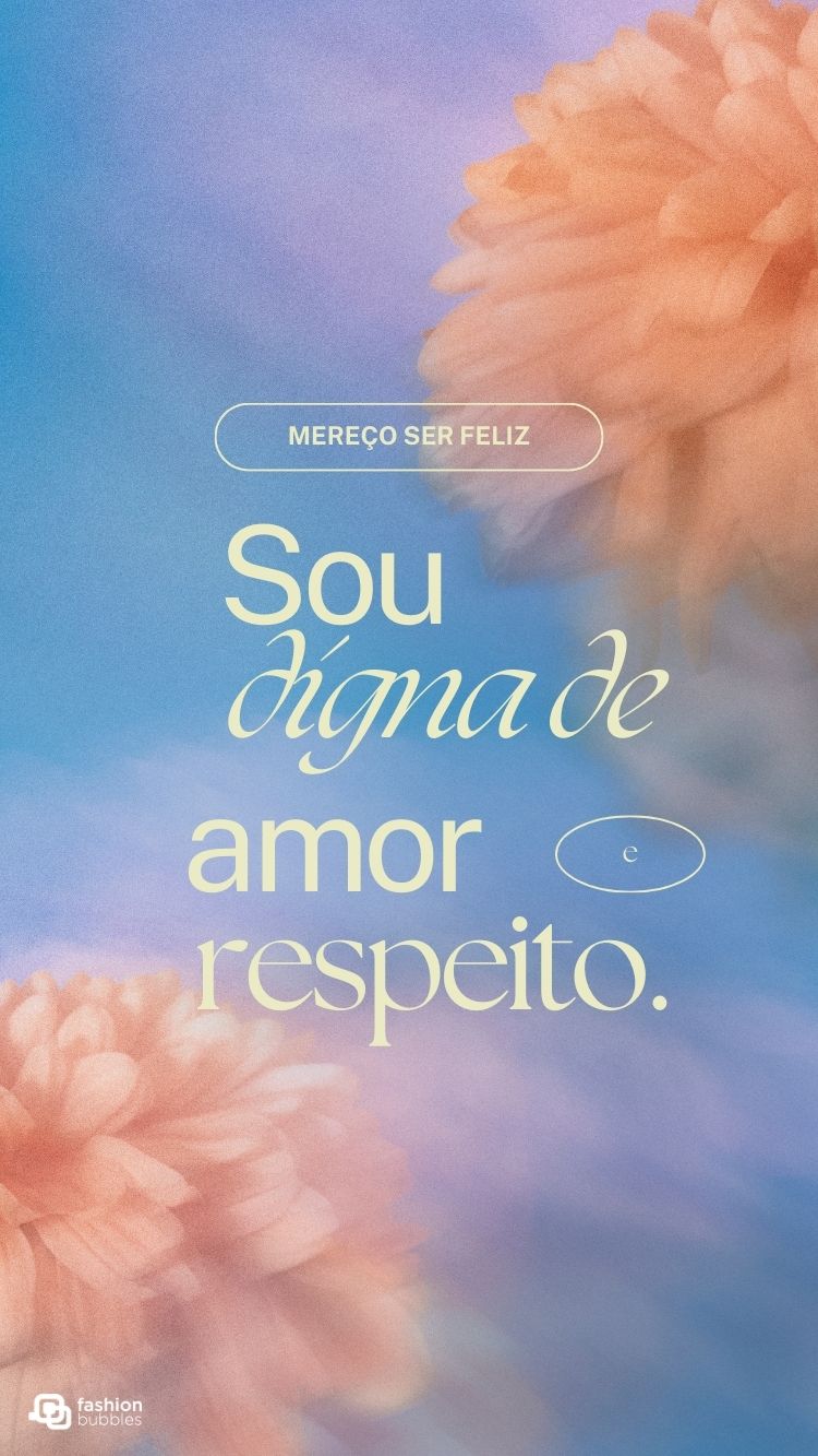 Afirmação poderosa em amarelo em fundo azul com desenho de flor.
