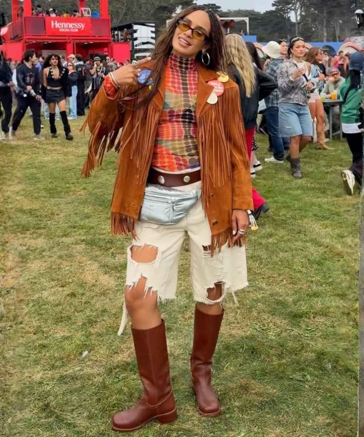 Looks para o Rock in Rio 2026 Elton John: jaqueta de franjas e bermuda jeans