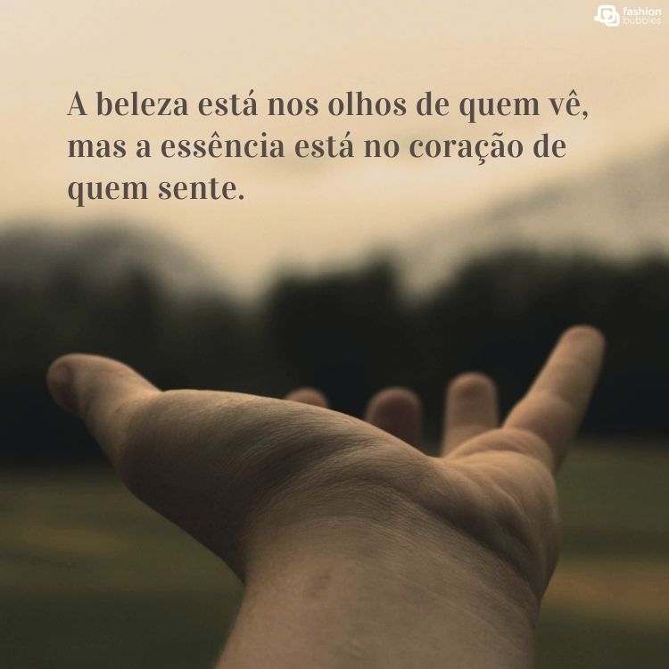 Imagem de uma mão aberta e estendida em uma paisagem do campo com a frase "A beleza está nos olhos de quem vê, mas a essência está no coração de quem sente". 
