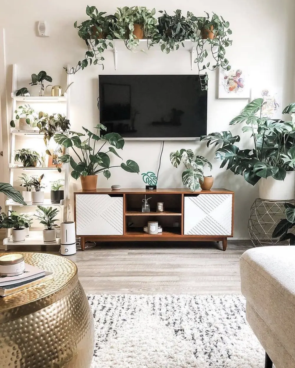 Sala de estar decorada com muitas plantas.