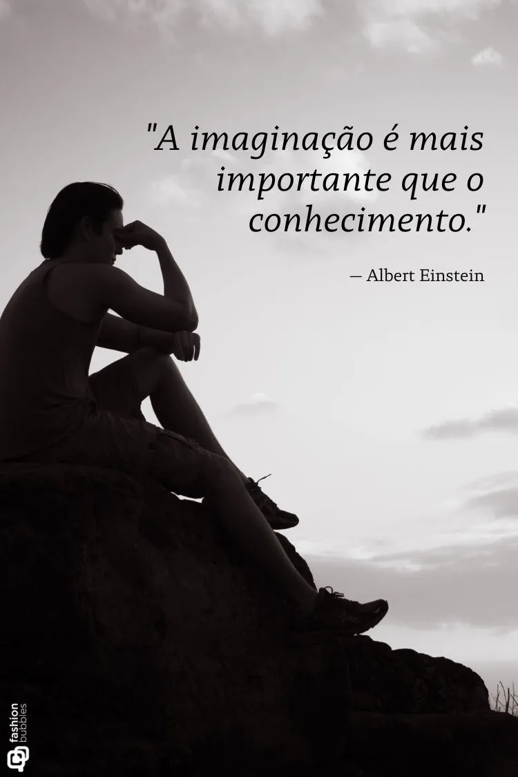 A imagem em preto e branco mostra a silhueta de uma pessoa sentada em uma rocha, com a mão no queixo, em uma pose pensativa, sob um céu nublado. A citação  (citações sábias) "A imaginação é mais importante que o conhecimento." — Albert Einstein está sobreposta.

