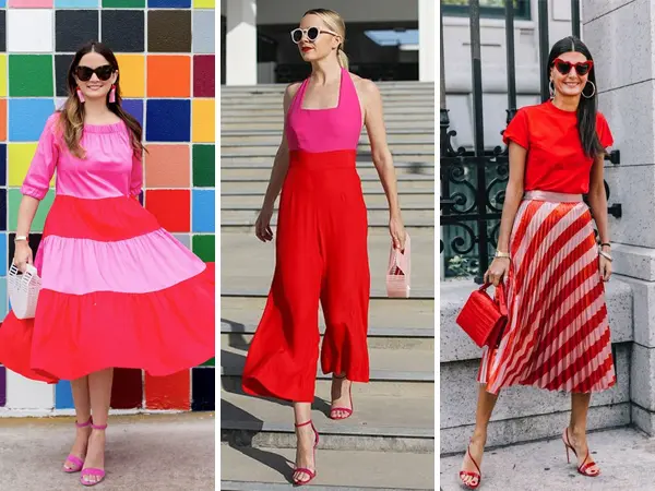 Montagem com 3 fotos de mulheres de pele clara. A primeira usa vestido midi rosa e vermelho; a segunda usa macacão rosa e vermelho e a terceira usa blusa vermelha e saia midi plissada vermelha e rosa