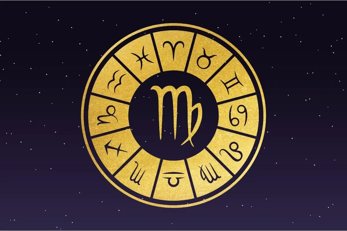 Fundo de céu estrelado com símbolo do signo de Virgem, horóscopo do dia de hoje