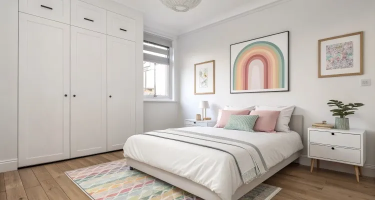 Quarto moderno e minimalista com cama de casal decorada com almofadas pastel, criado-mudo branco com luminária e planta. Parede branca com quadros coloridos, incluindo arco-íris. Piso de madeira, tapete geométrico multicolorid
