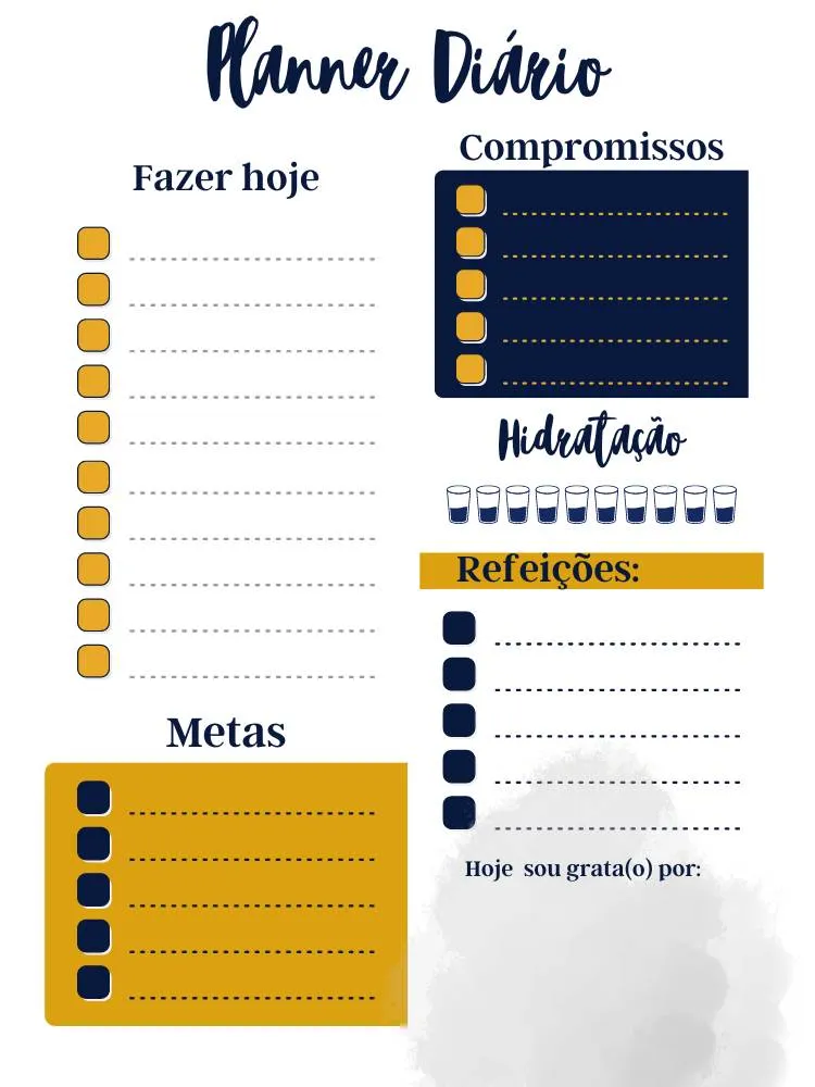 Planner diário em azul e dourado, com espaço para marcar hidratação, refeições do dia, metas, compromissos e tarefas diárias. 