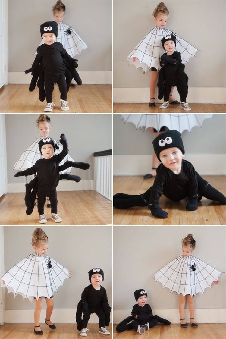 Montagem com 4 fotos de crianças, uma delas usando poncho branco de teia de aranha e outra usando fantasia preta de aranha 