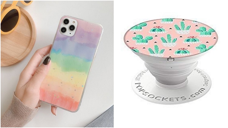 capa de celular colorida e pop socket de cactos