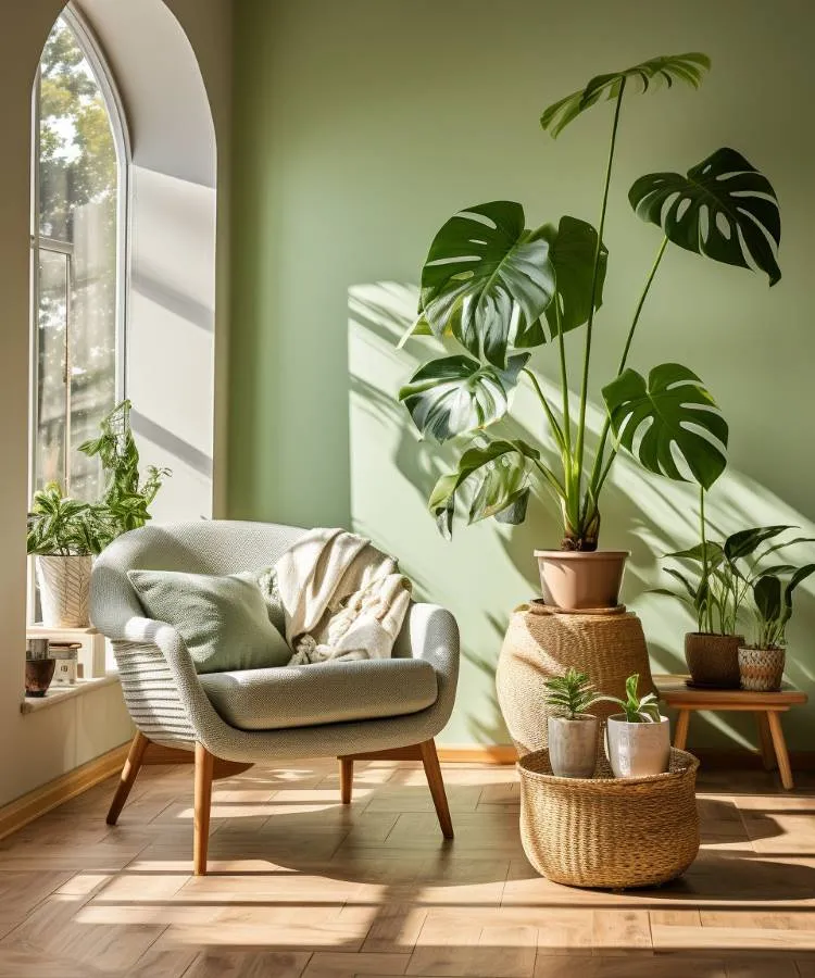 Ambiente com poltrona, janela grande e plantas decorando, uma delas sendo a Monstera