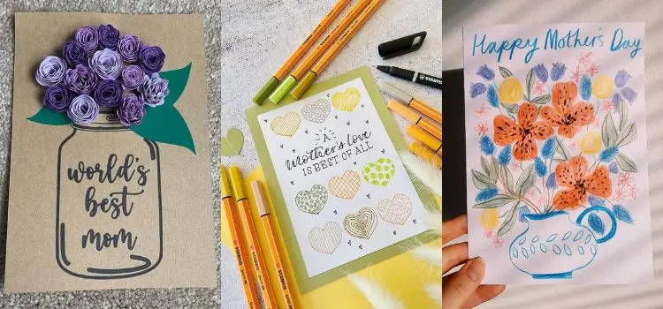 Montagem com 3 ideias de cartão personalizado feito à mão: "Cartão artesanal com flores e frase 'world's best mom'"
"Cartão com desenho de corações e mensagem escrita à mão"
"Cartão de papel sulfite com desenho de flores feito à mão de lápis de cor e mensagem personalizada"