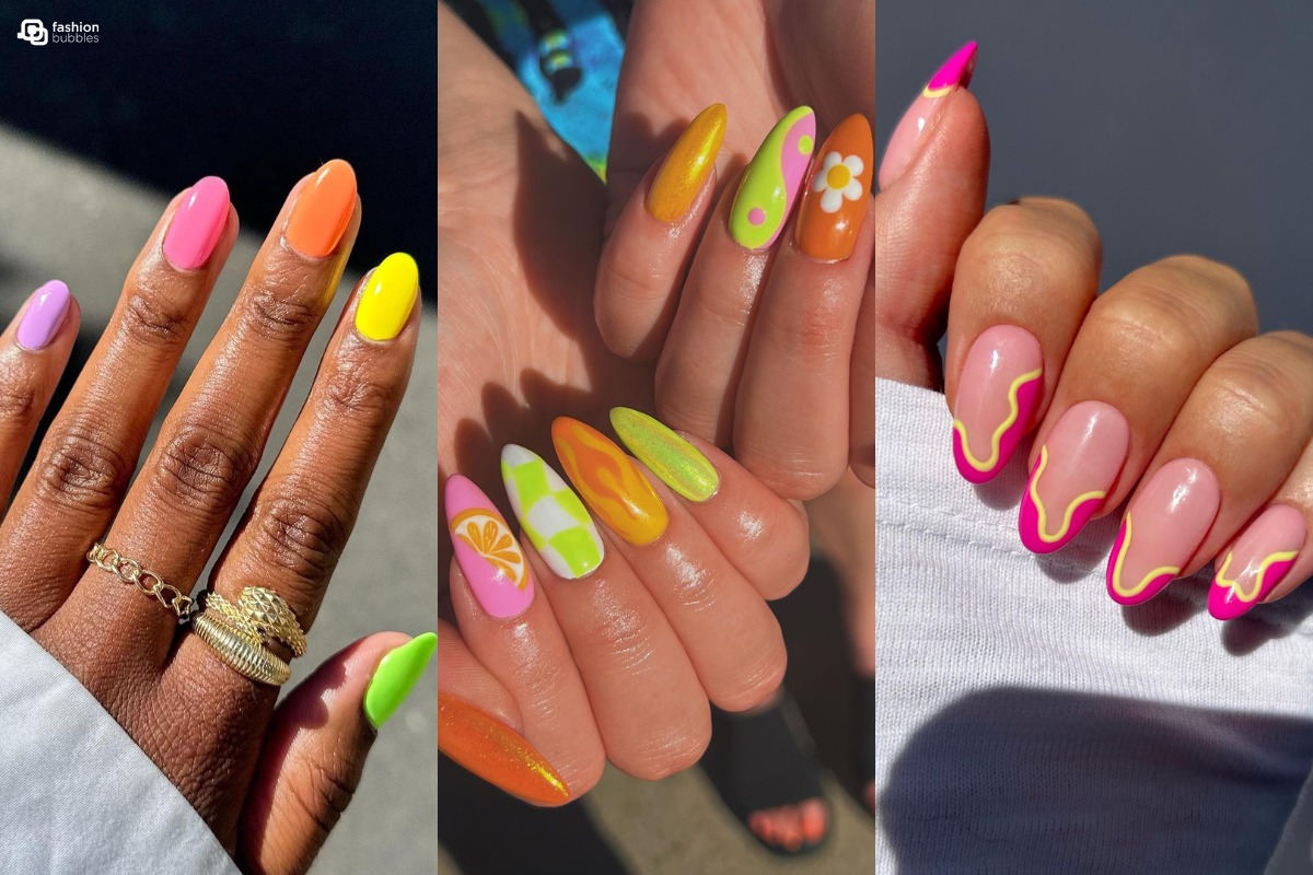 Montagem com 3 ideias de unhas para o Carnaval, coloridas neon